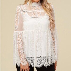 Altar'd State Atalaya White Lace Trumpet Long Sleeve Mock Neck Blouse P3927